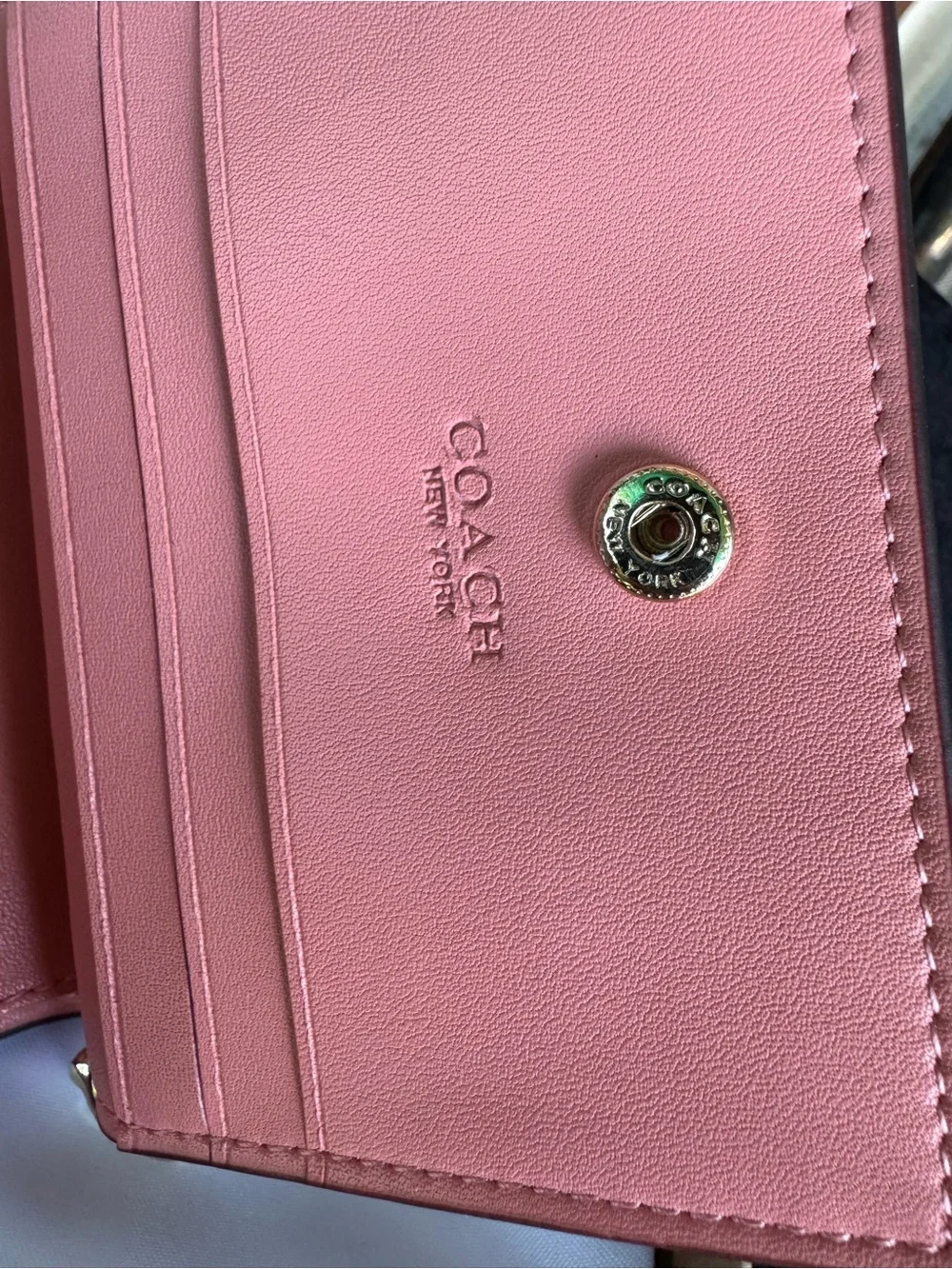 COACH Pink Floral Signature Compact Wallet in Cream